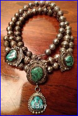 Sterling Silver Turquoise Squash Blossom Necklace Vtg NAVAJO Feathers Raindrops