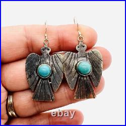 Sterling Silver Turquoise Thunderbird Drop Dangle Earrings 7.2gm Vintage Jewelry