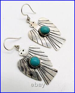 Sterling Silver Turquoise Thunderbird Drop Dangle Earrings 7.2gm Vintage Jewelry