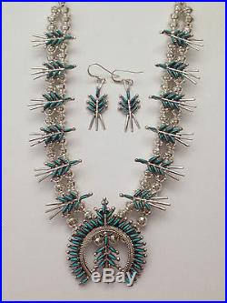 Sterling Silver Zuni Needlepoint Turquoise Stone Squash Blossom Necklace Set