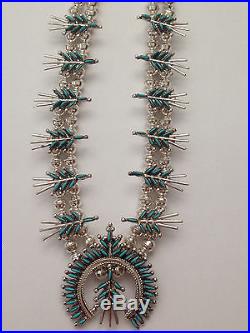 Sterling Silver Zuni Needlepoint Turquoise Stone Squash Blossom Necklace Set