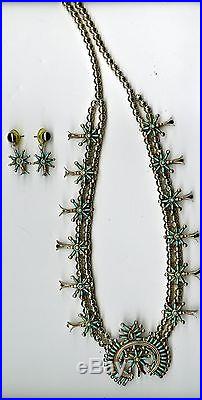 Sterling Silver Zuni Squash Blossom Necklace Earrings Signed E Weeka 98.7 Grams