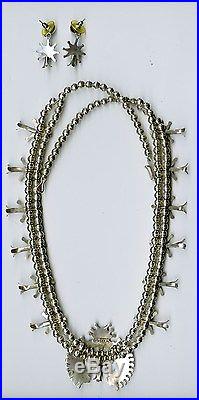 Sterling Silver Zuni Squash Blossom Necklace Earrings Signed E Weeka 98.7 Grams
