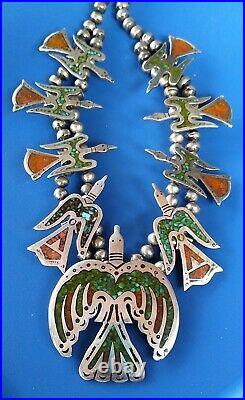 Sterling Silver Zuni Turquoise Coral Peyote Bird Squash Blossom Necklace 165 Gr