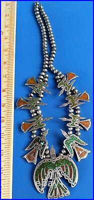 Sterling Silver Zuni Turquoise Coral Peyote Bird Squash Blossom Necklace 165 Gr