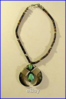 Sterling silver turquoise heishi bead faux bear claw Indian Naja necklace bolo