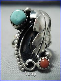 Stunning Vintage Navajo Turquoise Coral Sterling Silver Leaf Ring Old