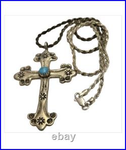 Superior Navajo Hand Tooled Sterling Silver Kingman Turquoise Cross Necklace Superior Navajo Hand Tooled Sterling Silver Kingman Turquoise Cross Necklace