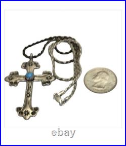 Superior Navajo Hand Tooled Sterling Silver Kingman Turquoise Cross Necklace