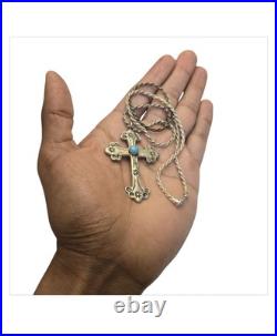 Superior Navajo Hand Tooled Sterling Silver Kingman Turquoise Cross Necklace