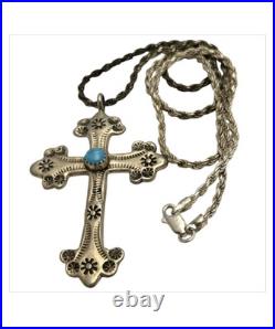Superior Navajo Hand Tooled Sterling Silver Kingman Turquoise Cross Necklace
