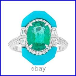Syn Emerald & Turquoise Cocktail Ring 925 Sterling Silver Right Hand Luxe Jewel Syn Emerald & Turquoise Cocktail Ring 925 Sterling Silver Right Hand Luxe Jewel