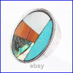 Sz9 Vintage Zuni sterling silver, turquoise, coral, shell inlay men's ring
