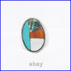 Sz9 Vintage Zuni sterling silver, turquoise, coral, shell inlay men's ring