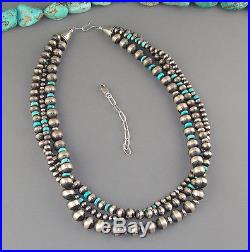 TRIPLE 3 Strand STERLING Silver Turquoise NAVAJO Pearl BENCH BEAD Necklace