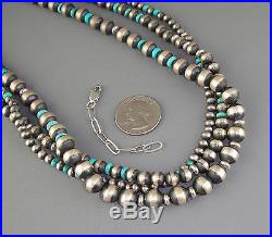 TRIPLE 3 Strand STERLING Silver Turquoise NAVAJO Pearl BENCH BEAD Necklace