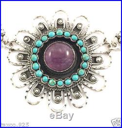 Taxco Mexican Sterling Silver Amethyst Turquoise Flower Necklace Mexico