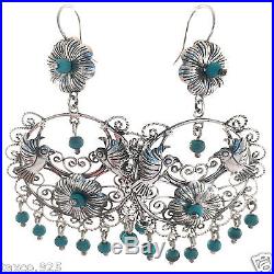 Taxco Mexican Sterling Silver Frida Kahlo Style Turquoise Deco Earrings Mexico