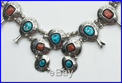 Teddy Goodluck Sterling Silver Turquoise Coral Navajo Necklace Squash Blossom