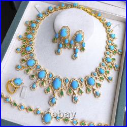 Turquoise 18K Yellow Gold Over Necklace, Bracelet, Ring & Earrings Jewelry Sets
