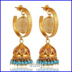 Turquoise 925 Sterling Silver 18K Gold Plated Wedding Jhumka Earrings Jewelry