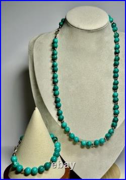 Turquoise Beaded Necklace 20 & Bracelet 7 Set withSterling Silver Beads Lot 280