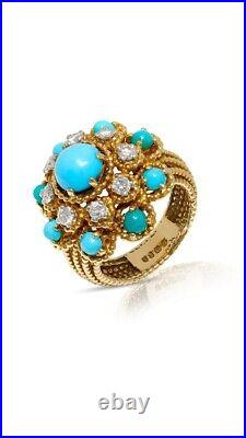 Turquoise & CZ Flower Design Cocktail Ring 925 Sterling Silver Right Hand Jewel