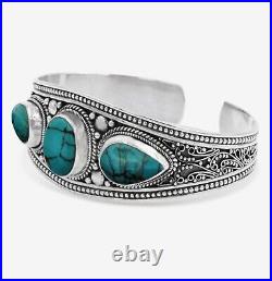 Turquoise Cuff Bracelet. Natural Turquoise Filigree 925 Sterling Silver Cuff