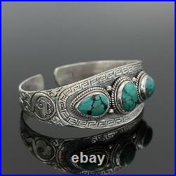 Turquoise Cuff Bracelet. Natural Turquoise Floral Leaf 925 Sterling Silver Cuff