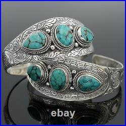 Turquoise Cuff Bracelet. Natural Turquoise Floral Leaf 925 Sterling Silver Cuff