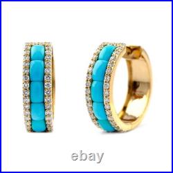 Turquoise Diamond Pave Half Eternity Hoop Earrings in 14K Yellow Gold Over Women