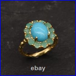 Turquoise & Emerald 14K Yellow Gold Over Engagement Solitaire With Accents Ring