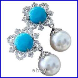 Turquoise & Freshwater Pearl Dangle Earrings 925 Sterling Silver Women Jewelry