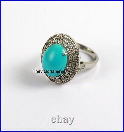 Turquoise Gemstone Ring Natural Pave Diamond 925 Sterling Silver Ring Jewelry