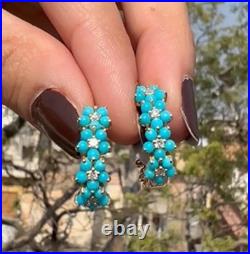 Turquoise Hoop Earrings in 18K Yellow Gold Over with Diamond Accent For Women's