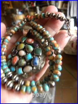 Turquoise Multistone Sterling Pendant & Bench Made Bead Necklace 19