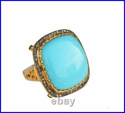 Turquoise Pave Diamond Gold Plated Ring Solid 925 Sterling Silver Jewelry