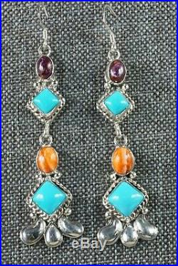 Turquoise & Spiny Oyster Sterling Silver Earrings Native American Navajo