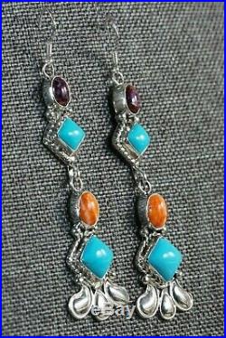 Turquoise & Spiny Oyster Sterling Silver Earrings Native American Navajo
