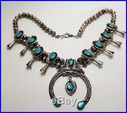 Turquoise & Sterling Silver Squash Blossom Necklace Navajo Vintage