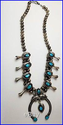 Turquoise & Sterling Silver Squash Blossom Necklace Navajo Vintage