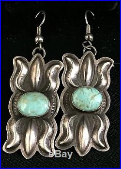 Turquoise & Sterling Silver Squash Blossom Style Necklace And Earrings