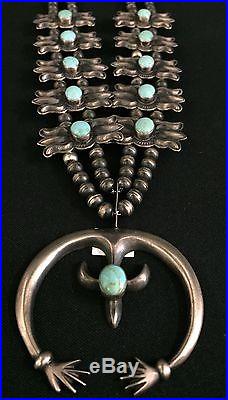 Turquoise & Sterling Silver Squash Blossom Style Necklace And Earrings