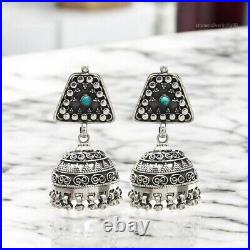 Turquoise Stone Solid Sterling Silver December Jhumki Dangle Earrings Jewelry