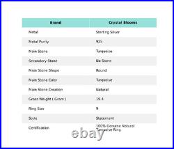 Turquoise Stone Statement Ring Christmas Gift Jewelry Real 925 Sterling Silver