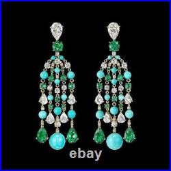 Turquoise & Syn Emerald Chandelier Earrings 925 Sterling Silver Cocktail Jewelry