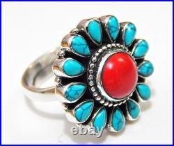 Turquoise and coral ring 925 Sterling Silver Ring tower Ring Wedding Jewelry