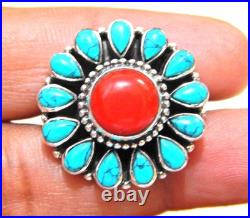Turquoise and coral ring 925 Sterling Silver Ring tower Ring Wedding Jewelry
