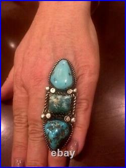 Turquoise three stone Ring Sterling Silver Large