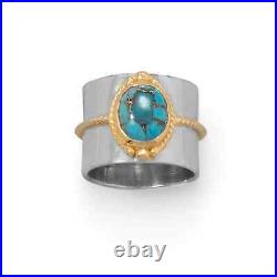 Two Tone Rope Edge Turquoise Ring 925 Sterling Silver